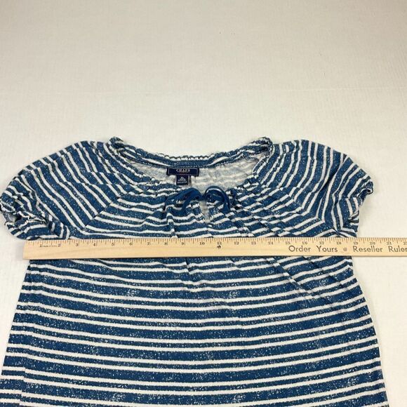 Chaps Womens Cotton Peasant Top Blue Ivory Stripe Short Sleeve Neck Tie Shirt XL - Picture 7 of 10